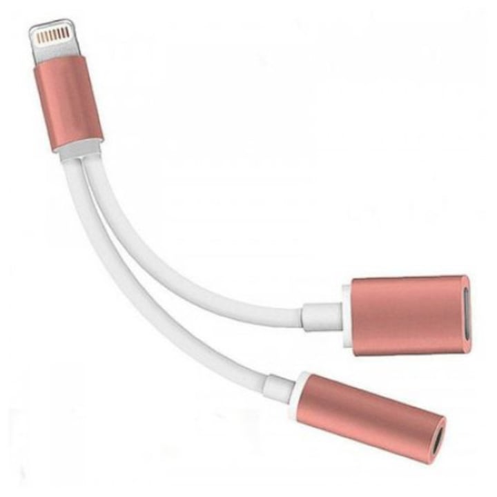SOHO 2 az 1-ben adapter iPhonehoz / iPadhez, 3.5 mm-es jack, Lightning, fejhallgatóhoz és töltőhöz, fehér / rózsaszín