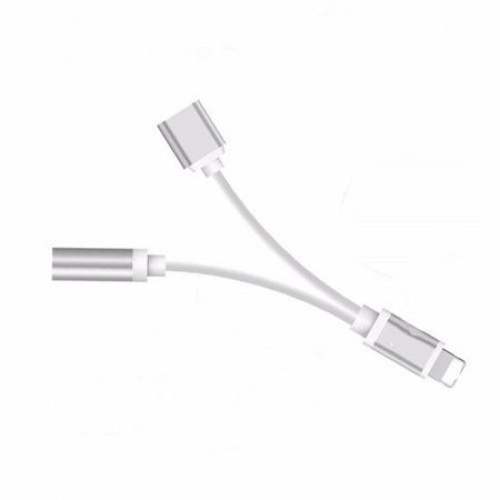 Adaptor 2 in 1 iPhone, iPad, 3.5 mm jack, Lighthing, casti si charger, Argintiu