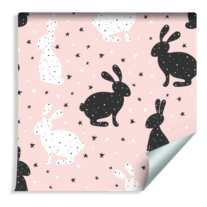 Tapet Copii Iepurasi Albi si Negri intre Stele 53cm x 10m
