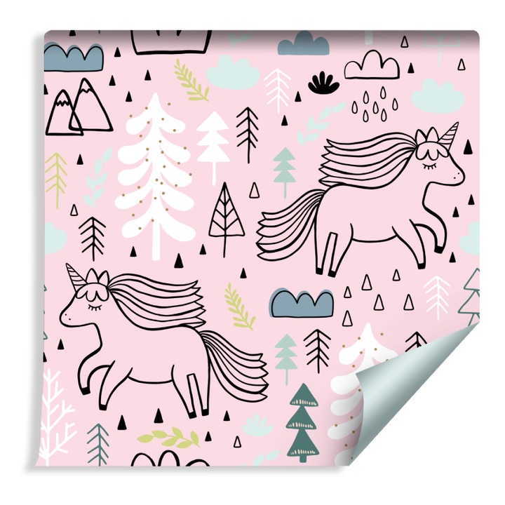 Tapet Copii Unicorni pe un Fundal de Munti Copaci si Nori 53cm x 10m