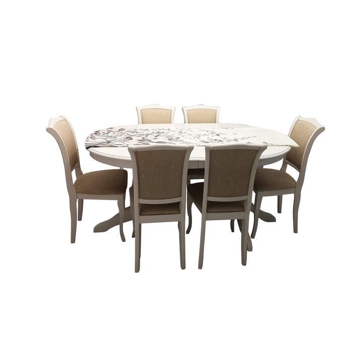 Masa dining cu 6 scaune tapitate, 155cm restransa, 235 extinsa, 90cm latime, 75cm inaltime, alb/crem