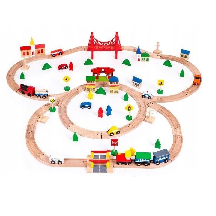 Joc Circuit din lemn, Ecotoys, cu trenulet si masinute, 90 de elemente, 3 ani +