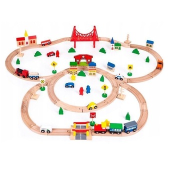 Joc Circuit din lemn, Ecotoys, cu trenulet si masinute, 90 de elemente, 3 ani + Joc Circuit din lemn, Ecotoys, cu trenulet si masinute, 90 de elemente, 3 ani +