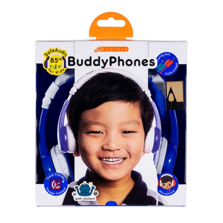 Casti Audio pliabile pentru copii cu volum limitat si autocolante BuddyPhones Explore, Albastru