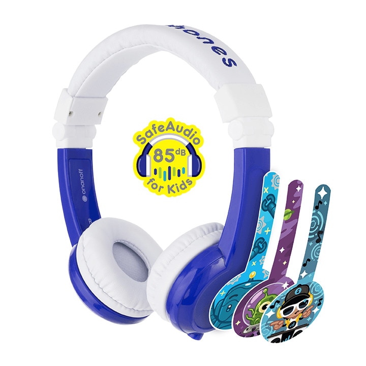 Casti Audio pliabile pentru copii cu volum limitat si autocolante BuddyPhones Explore, Albastru