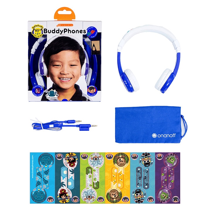 Casti Audio pliabile pentru copii cu volum limitat si autocolante BuddyPhones Explore, Albastru