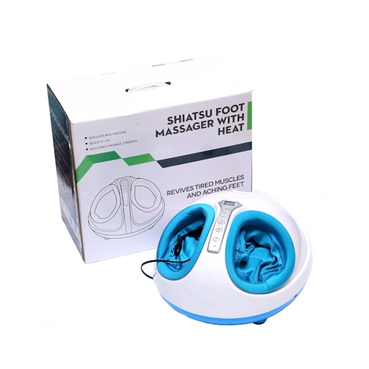Aparat de masaj pentru picioare Shiatsu, 3 trepte intensitate, functie de incalzire, timer 5-30min, telecomanda, 40 W, alb/albastru