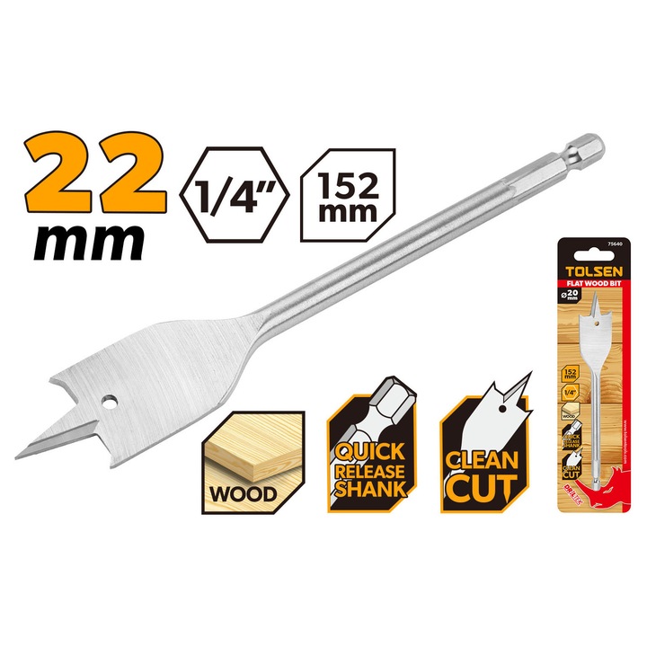 Burghiu plat lemn TOLSEN 22 mm, otel carbon calit, coada hexagonala 1/4", lungime 152 mm, polizat cu precizie, uz profesional