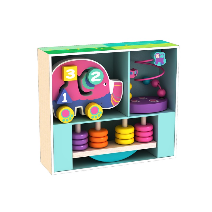 Set jucarii pentru copii, Accoltoy, Labirint/elefant/margele/cantare, Lemn, Multicolor