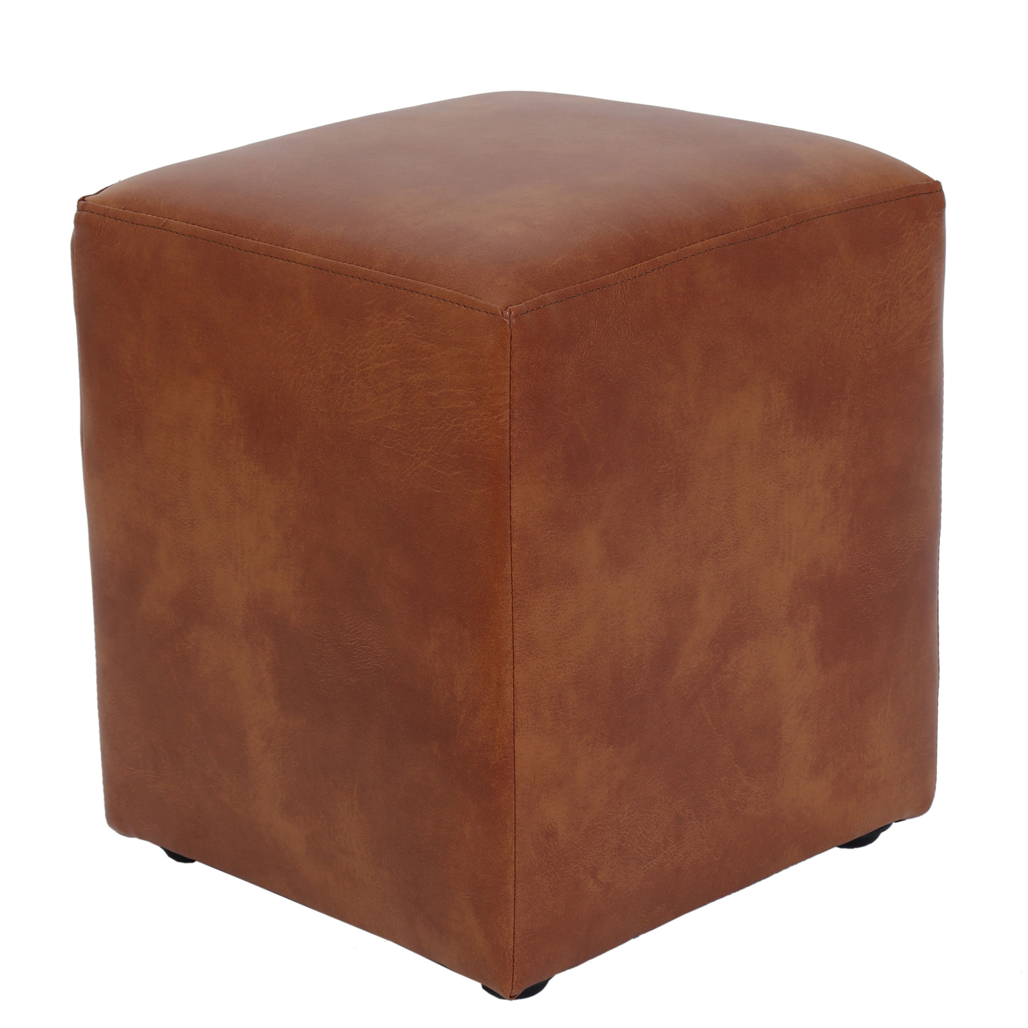 Taburet Cube, piele ecologica Cognac