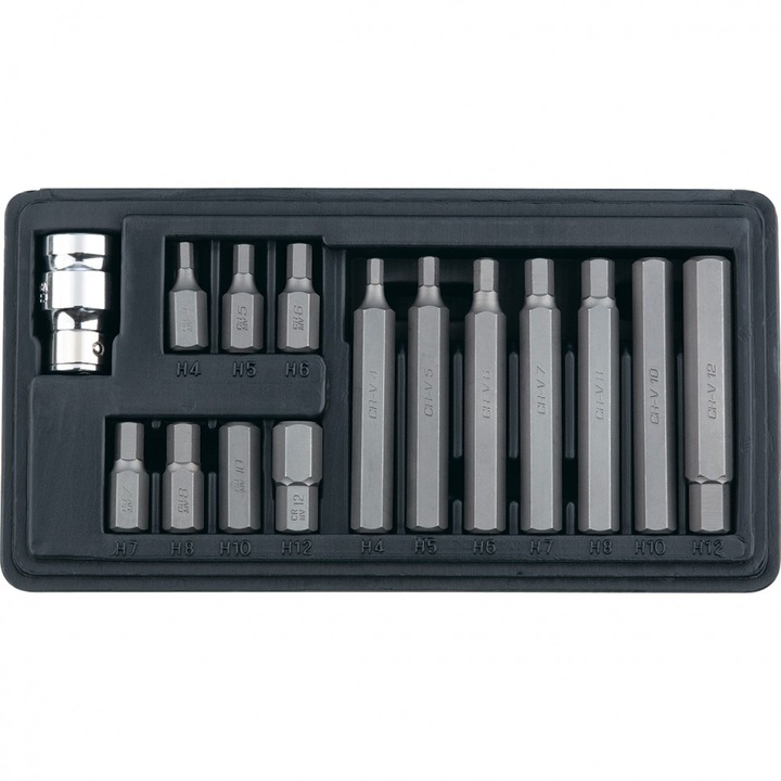 Bit készlet, CrV, 10mm-HEX vég, 1/2" csőkulcs , 15 db dobozban MTX