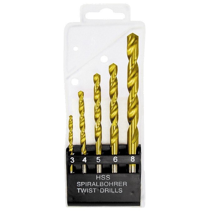 Set burghiuri p/u metal - acoper. de titan, 3-4-5-6-8mm, 5 buc.,coada cilindr.,cutie-plastic// MTX