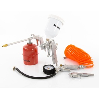 Set scule pneumatice,5 piese,conexiuni rapide (pistol p/u vopsit+rezervor in partea de sus)// MTX Set scule pneumatice,5 piese,conexiuni rapide (pistol p/u vopsit+rezervor in partea de sus)// MTX