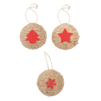 Set 3 bile din sfoara de iuta, motive de Craciun - cu snur, 6 cm Set 3 bile din sfoara de iuta, motive de Craciun - cu snur, 6 cm