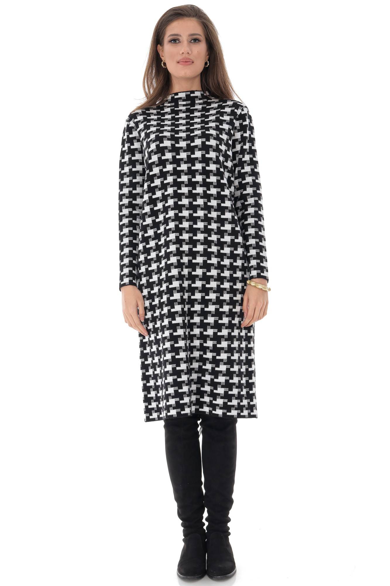 Rochie alb cu negru, ROH, chic, cu guler inalt, S-M