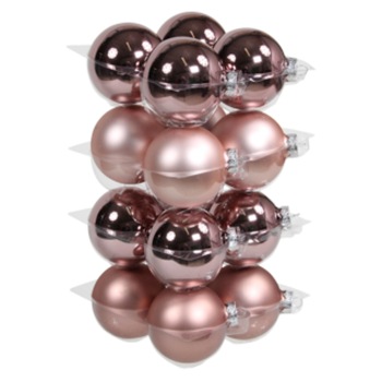 Globuri din sticla rotunde, pentru brad de Craciun, la set de 16 bucati, culoare Roz prafuit, finisaj mat si lucios, diametru 8 cm Globuri din sticla rotunde, pentru brad de Craciun, la set de 16 bucati, culoare Roz prafuit, finisaj mat si lucios, diametru 8 cm
