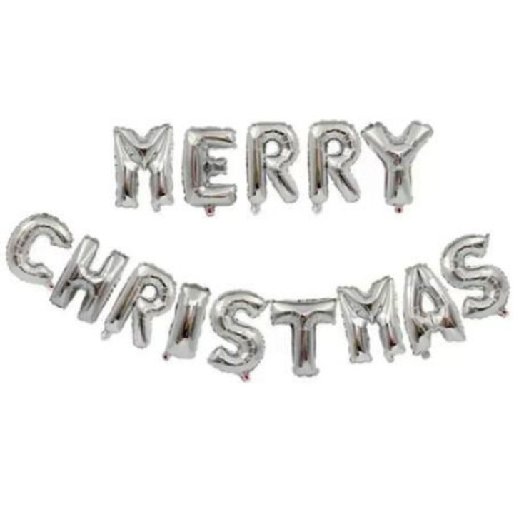 Boldog karácsonyt fólia lufi, ezüst, 41 cm