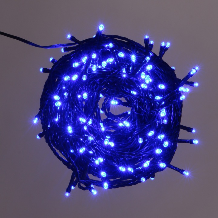 Instalatie brad de Craciun cu 200 LED-uri albastre, 15 m, controler, timer, interior sau exterior