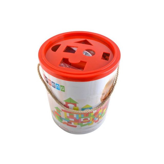 Set de constructie 200 piese din lemn, forme geometrice, in galetuta, multicolor