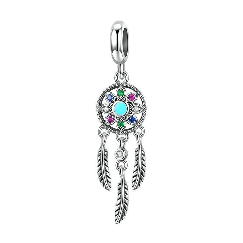 Talisman charm argint 925 KRASSUS Blue Dream Catcher, pentru bratara sua pandantiv lant, model dreamcatcher