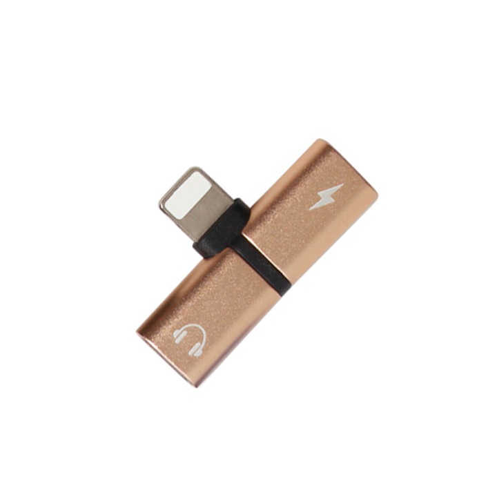 Quasar&Co. Elosztó adapter fülhallgatóhoz és töltőhöz, 2 az 1-ben, iPhone 7/8/X/XS, Aranyszín
