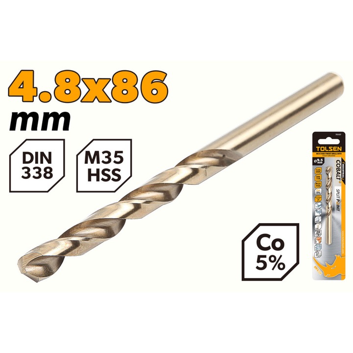 Burghiu COBALT CO5% TOLSEN HSS M35 4.8 mm, DIN338, lungime 86 mm, canelura 52 mm, punct 135°, pentru otel inoxidabil si materiale dure, uz industrial