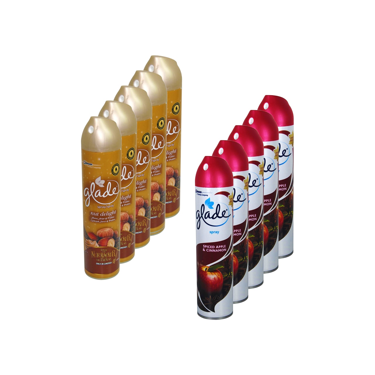 Pachet - 5 x Glade Spray aerosol Nut Delight 300 ml + 5 x Glade Spray Aerosol Spiced Apple & Cinnamon 300 ml
