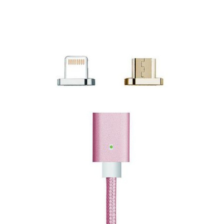 SOHO adatkábel, töltés, mágneses, 2 az 1-ben, Micro USB, Lightning, 1 m, textil, rózsa arany