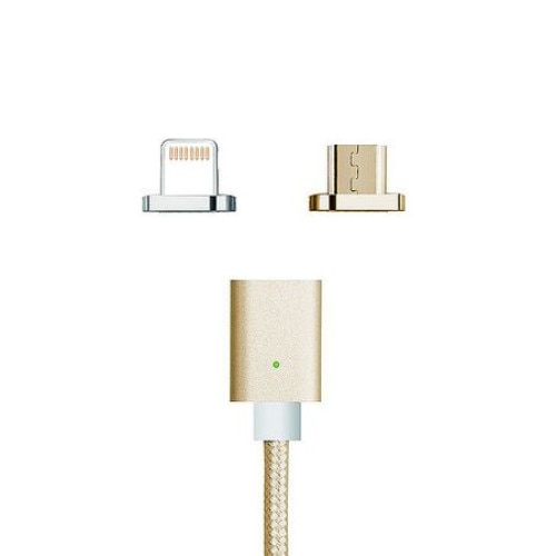 Cablu de date sau incarcare magnetic 2 in 1 Micro USB, Lightning 1m, textil, Auriu