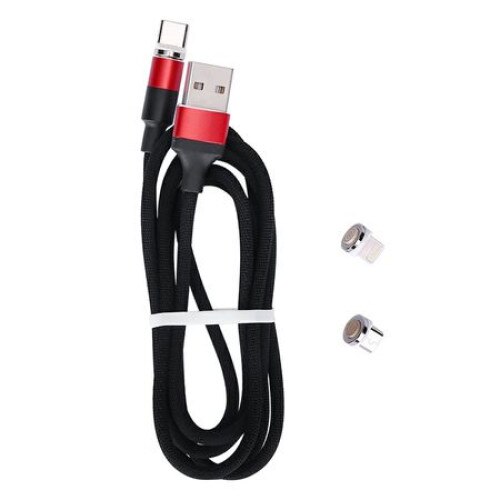 Cablu de date sau incarcare magnetic 3 in 1 Micro USB, Type-C, Lightning 1m, textil, Rosu