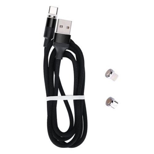 Cablu de date sau incarcare magnetic 3 in 1 Micro USB, Type-C, Lightning 1m, textil, Negru
