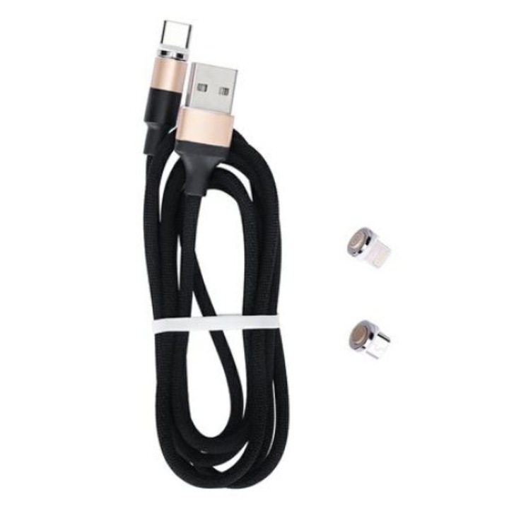 3 в 1 Micro USB магнитен кабел за данни или зареждане, Type-C, Lightning 1m, текстил, златист