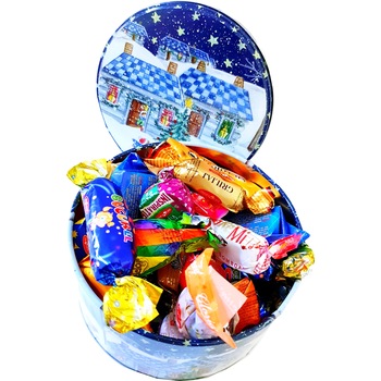 Bomboane de ciocolata Bucuria, cutie metalica rotunda cu motive de Craciun, 300 gr Bomboane de ciocolata Bucuria, cutie metalica rotunda cu motive de Craciun, 300 gr