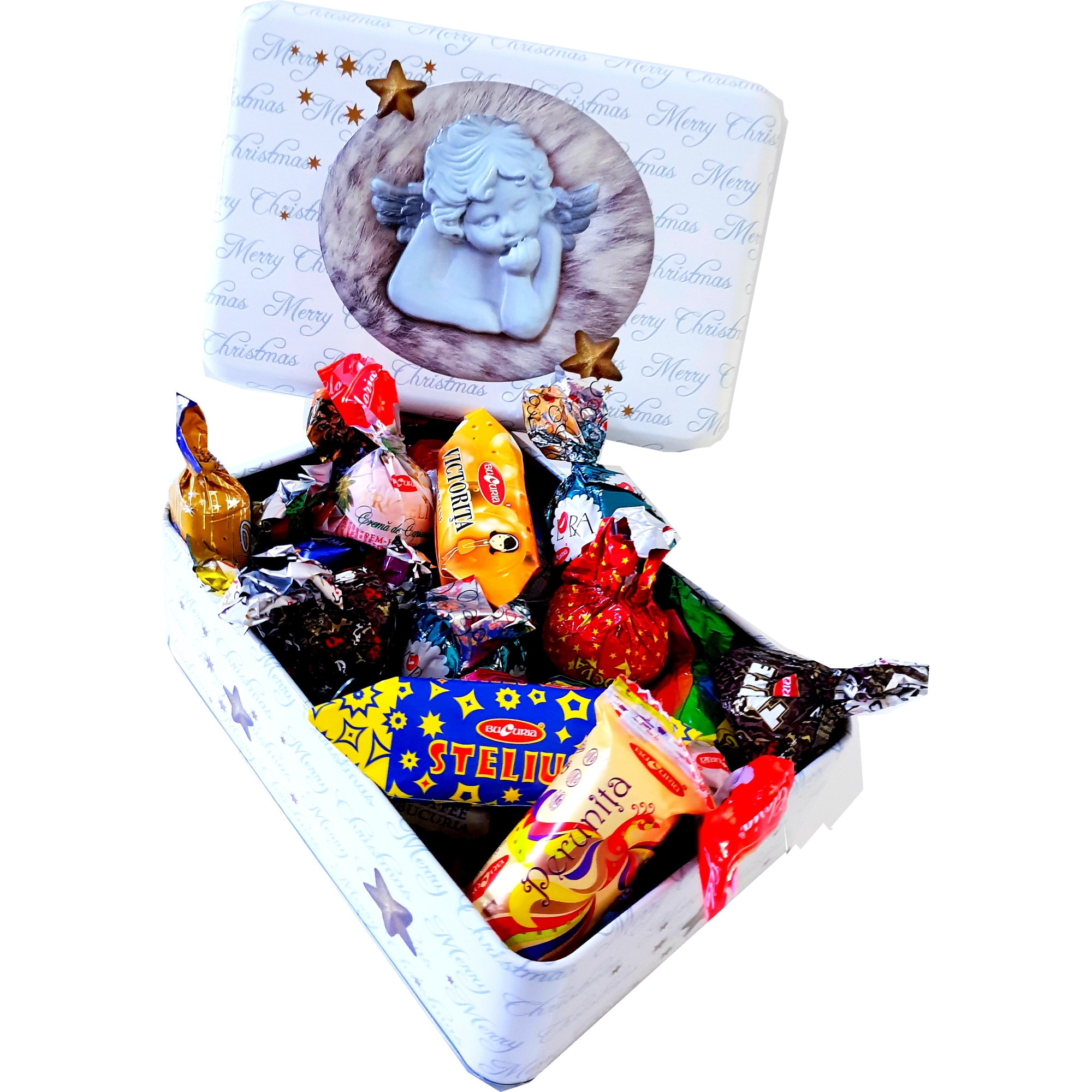 Bomboane Bucuria, Bomboane de Ciocolata in cutie de meta cu motive de Craciun, 400 gr