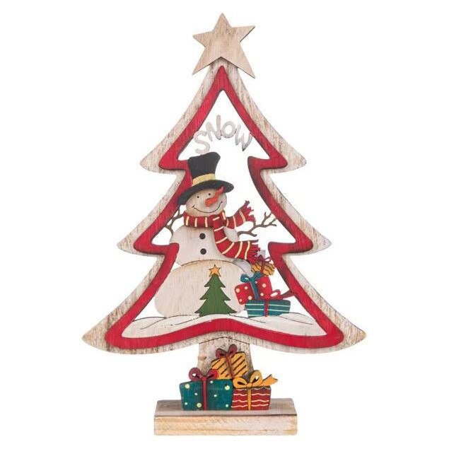 Decoratiune din lemn pentru Craciun, brad cu Om de Zapada, 24 cm