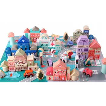 Set oraselul vesel, Zola®, masinute, blucuri din lemn, cu decor oras, 135 piese Set oraselul vesel, Zola®, masinute, blucuri din lemn, cu decor oras, 135 piese