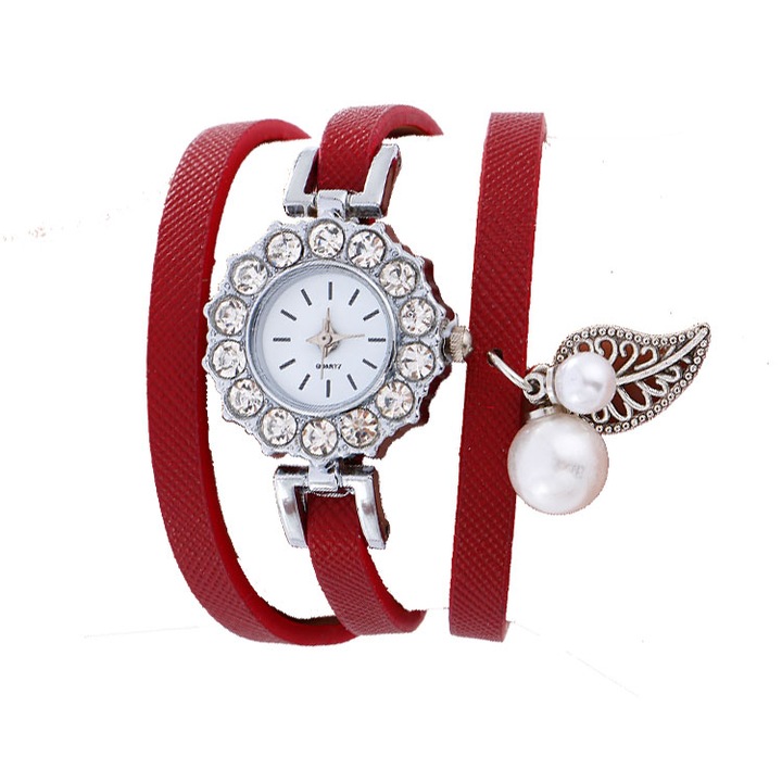 Ceas Duoya Dama Quartz Casual Elegant Rosu, PN999291RU, curea din piele, afisaj Analog