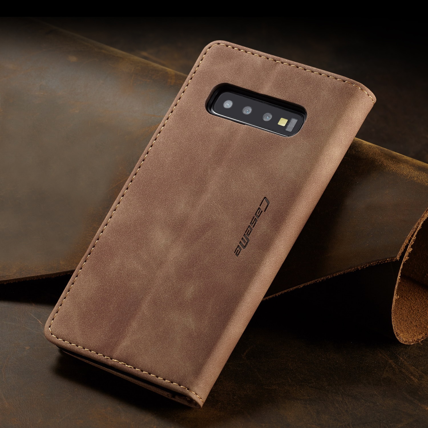 Husa pentru Samsung Galaxy S10 Plus, CaseMe, slim piele, tip portofel, stand, inchidere magnetica, textura catifelata, Maro