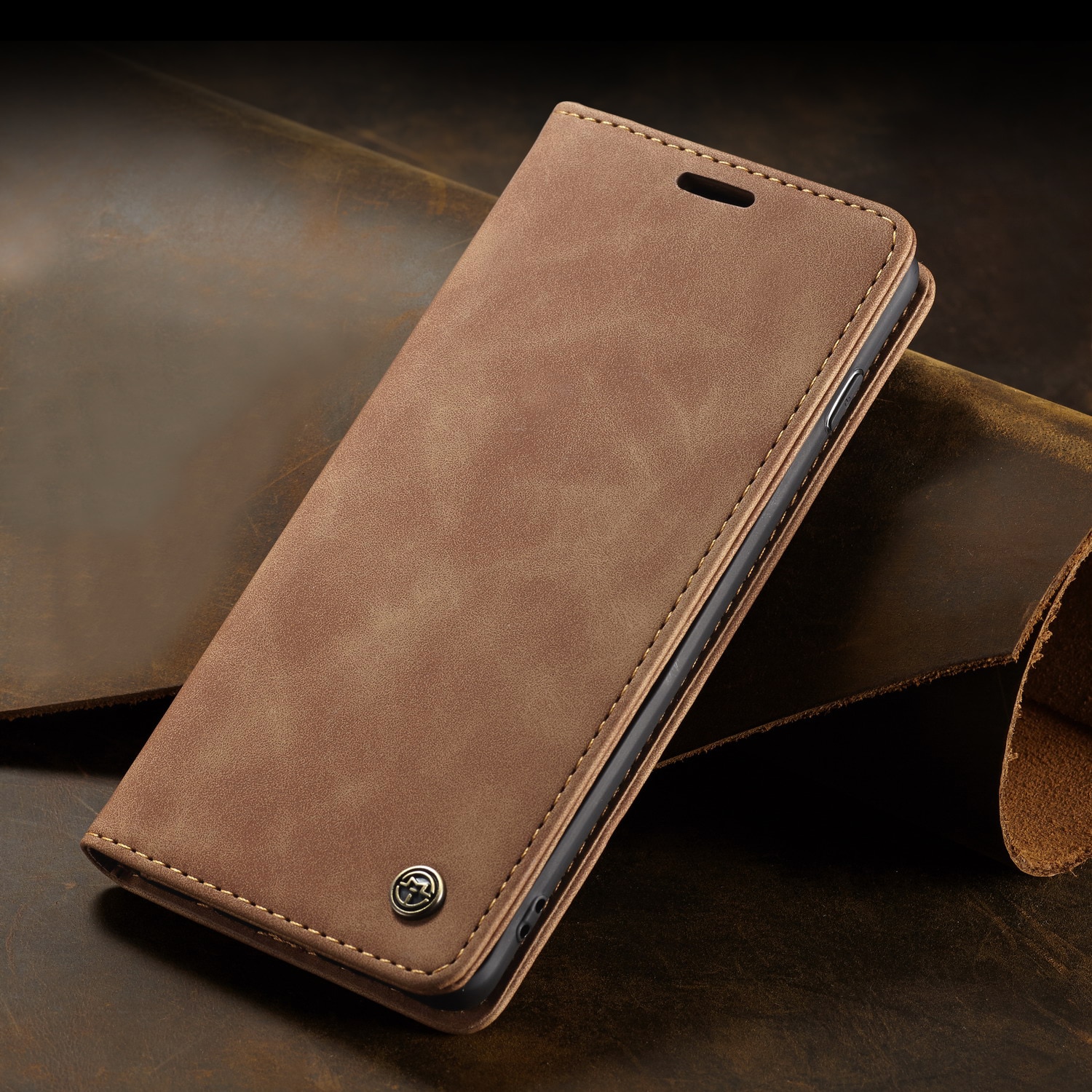 Husa pentru Samsung Galaxy S10 Plus, CaseMe, slim piele, tip portofel, stand, inchidere magnetica, textura catifelata, Maro