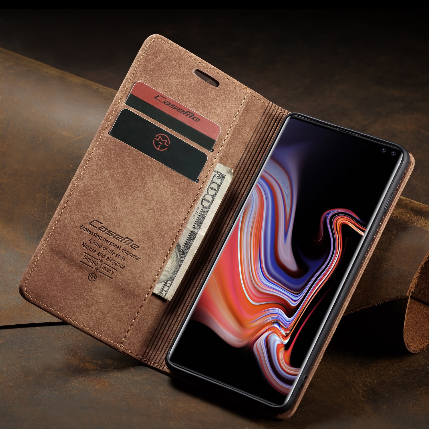 Husa pentru Samsung Galaxy S10 Plus, CaseMe, slim piele, tip portofel, stand, inchidere magnetica, textura catifelata, Maro