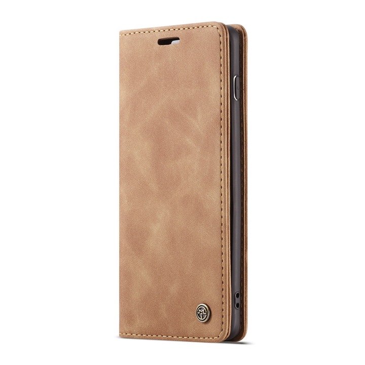 Husa pentru Samsung Galaxy S10 Plus, CaseMe, slim piele, tip portofel, stand, inchidere magnetica, textura catifelata, Maro