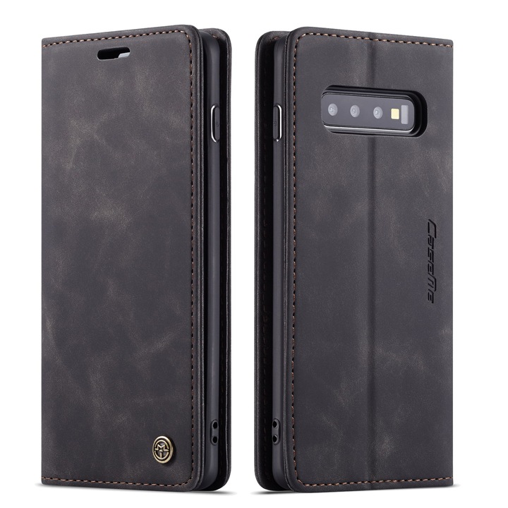 Калъф за Samsung Galaxy S10 Plus, CaseMe, slim, кожен, тип портфейл, стойка, магнитно закопчаване, кадифена текстура, Черно