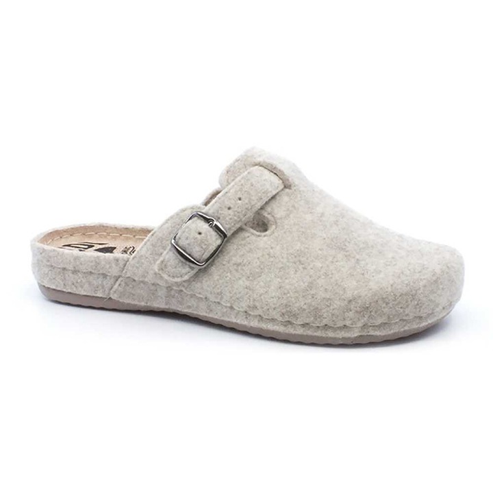 Papuci de casa, dama Ledi, din pasla, brant anatomic piele cu catarama pentru reglarea latimii, Bej, 39 EU