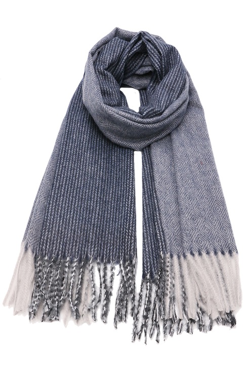 Fular tip sal pentru dama, cu design dungi si romburi, cu franjuri, din viscoza, B004BE Albastru inchis