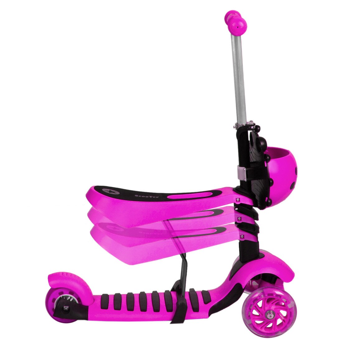 Trotineta cu trei roti si scaun Iso Trade, Inaltime reglabila, Roti iluminate LED, +3ani, ABEC-7, PU/PP/Fier, Roz