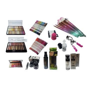 Set machiaj complet farduri, creioane buze, ochi, ruj, primer, fixator, set 7 pensule, clestisor gene Set machiaj complet farduri, creioane buze, ochi, ruj, primer, fixator, set 7 pensule, clestisor gene