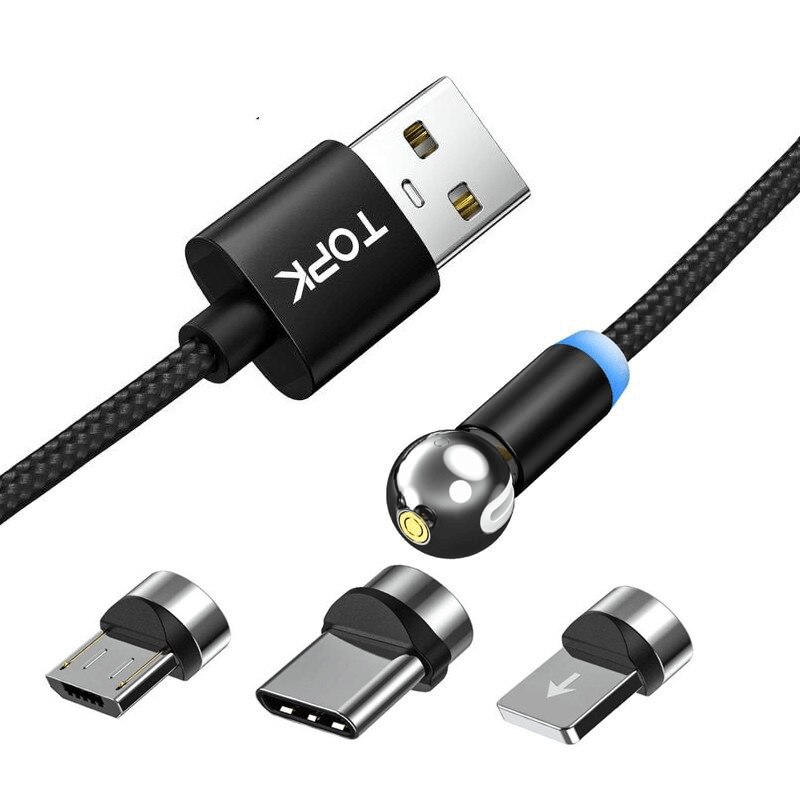 Cablu de incarcare 3 in 1 TOPK magnetic A cu rotire 360 grade cu mufa Micro USB, Type C si Lightning, 2m - eMAG.ro