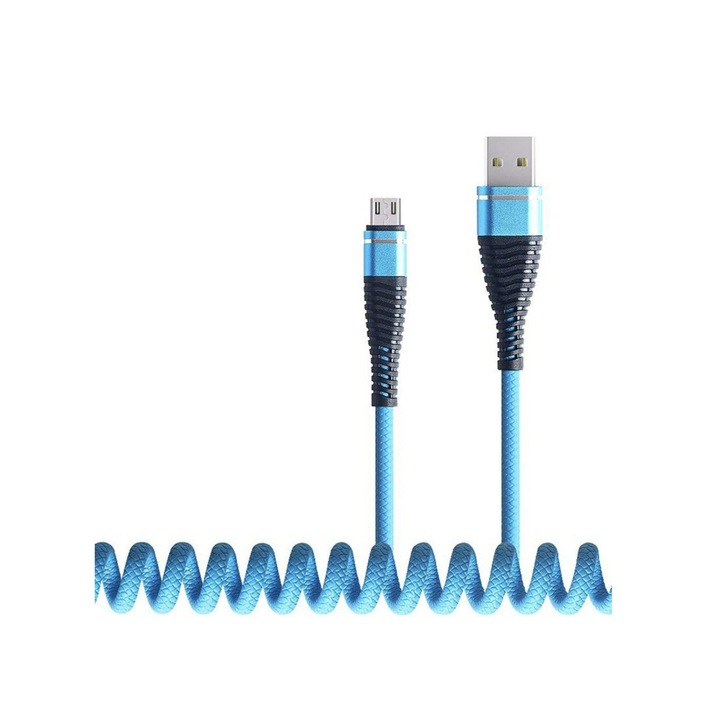 Cablu de incarcare sau transfer date spiralat Micro USB pentru dispozitivele cu sistem de operare Android, lungime 1.2 metru, Albastru