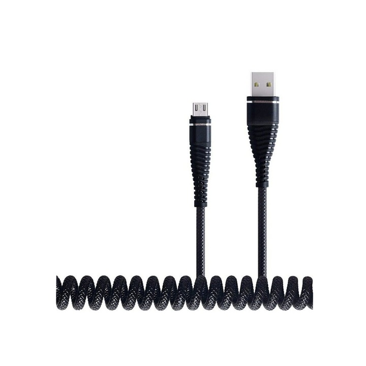 Cablu de incarcare sau transfer date spiralat Micro USB pentru dispozitivele cu sistem de operare Android, lungime 1.2 metru, Negru