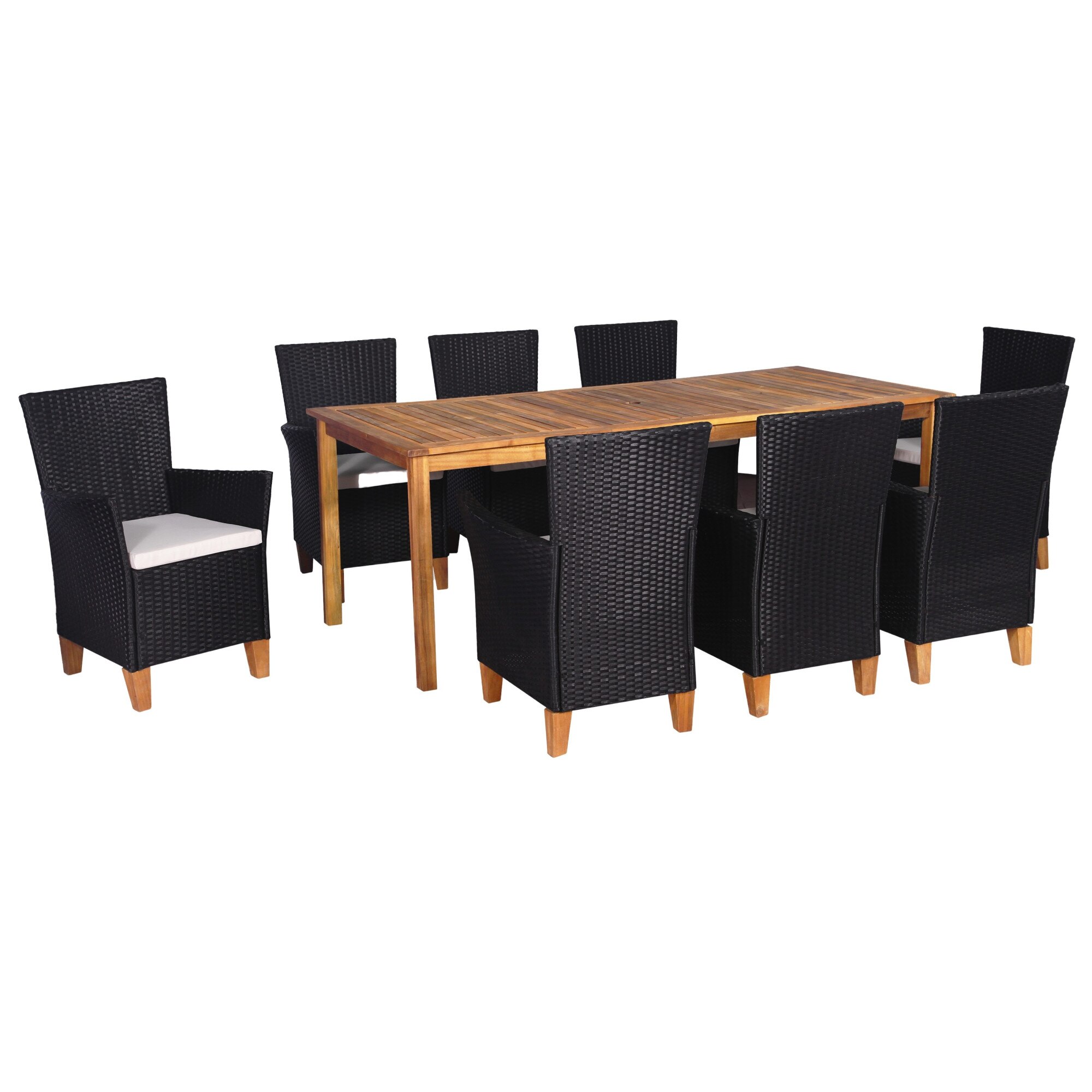 Set mobilier de gradina, cu masa de lemn si 8 scaune din poliratan, vidaXL, Negru cu maro, 200 x 90 x 74 cm